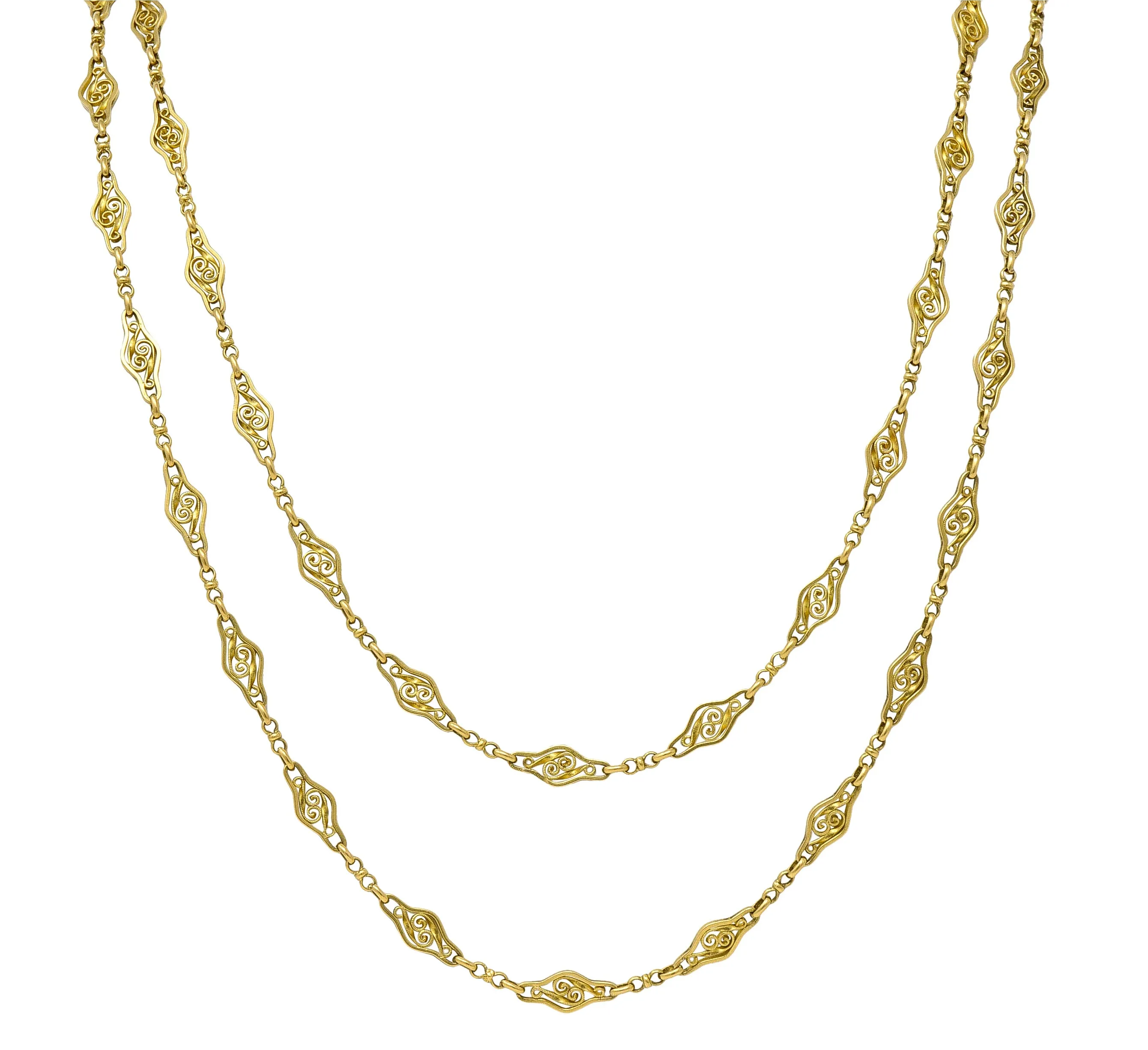 French 18 Karat Yellow Gold Victorian Scrolling Navette Link 60 IN Long Antique Chain Necklace