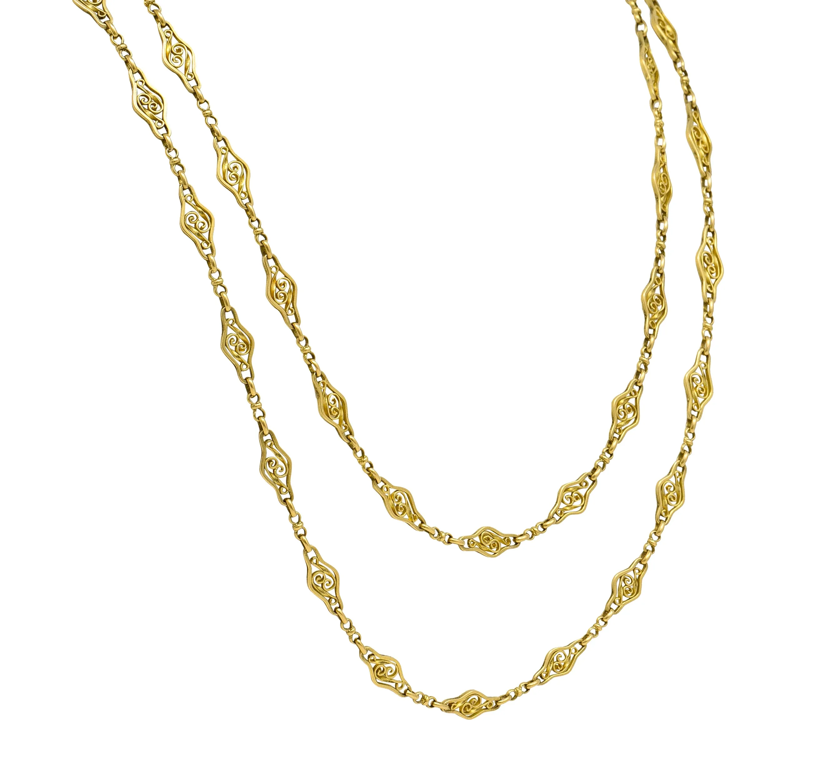 French 18 Karat Yellow Gold Victorian Scrolling Navette Link 60 IN Long Antique Chain Necklace