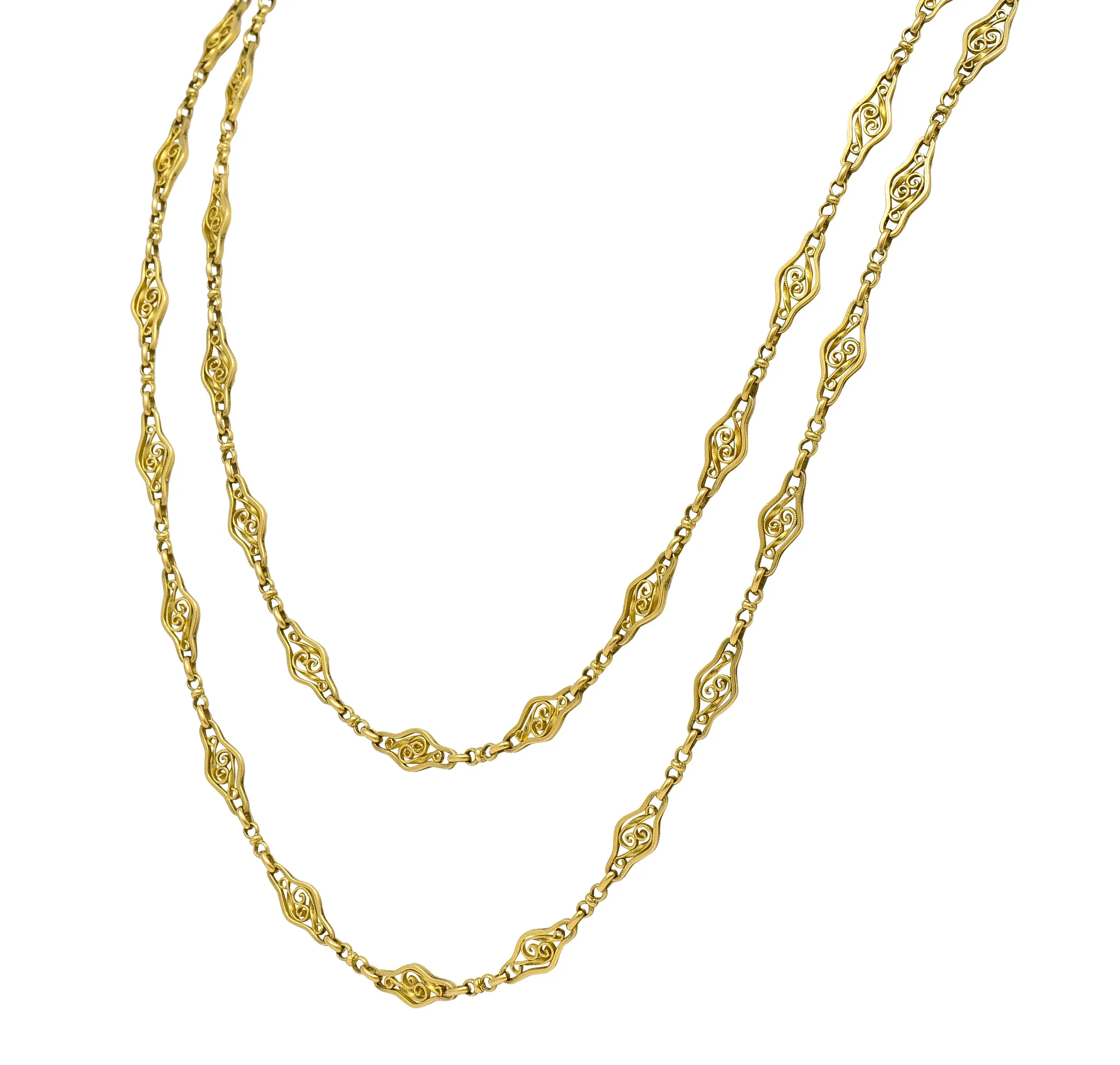 French 18 Karat Yellow Gold Victorian Scrolling Navette Link 60 IN Long Antique Chain Necklace