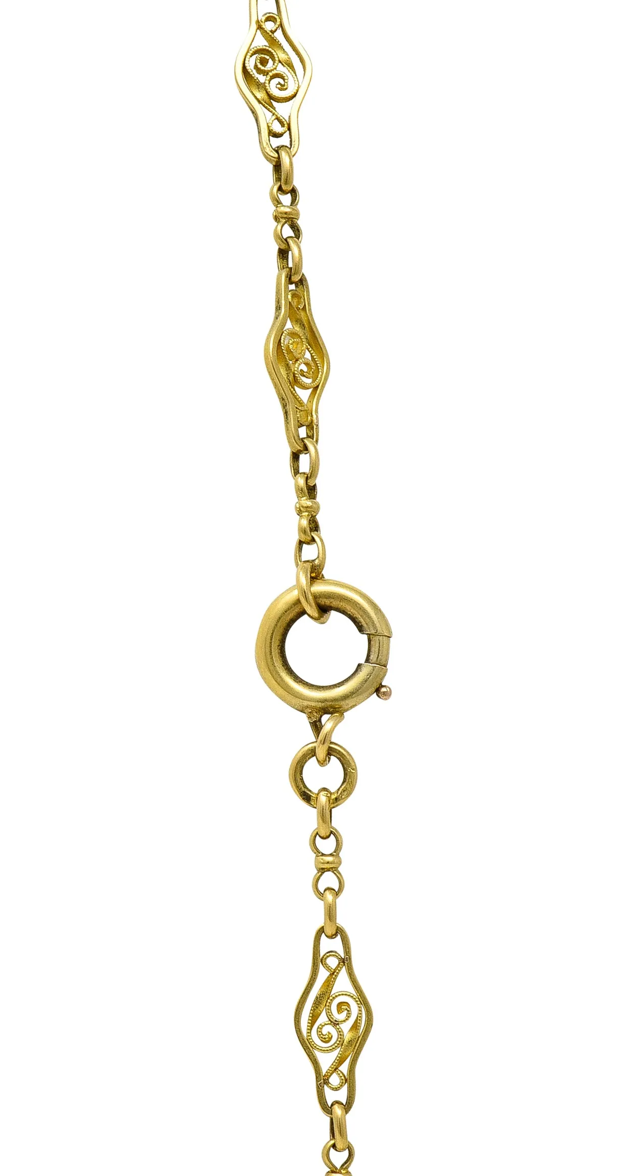 French 18 Karat Yellow Gold Victorian Scrolling Navette Link 60 IN Long Antique Chain Necklace