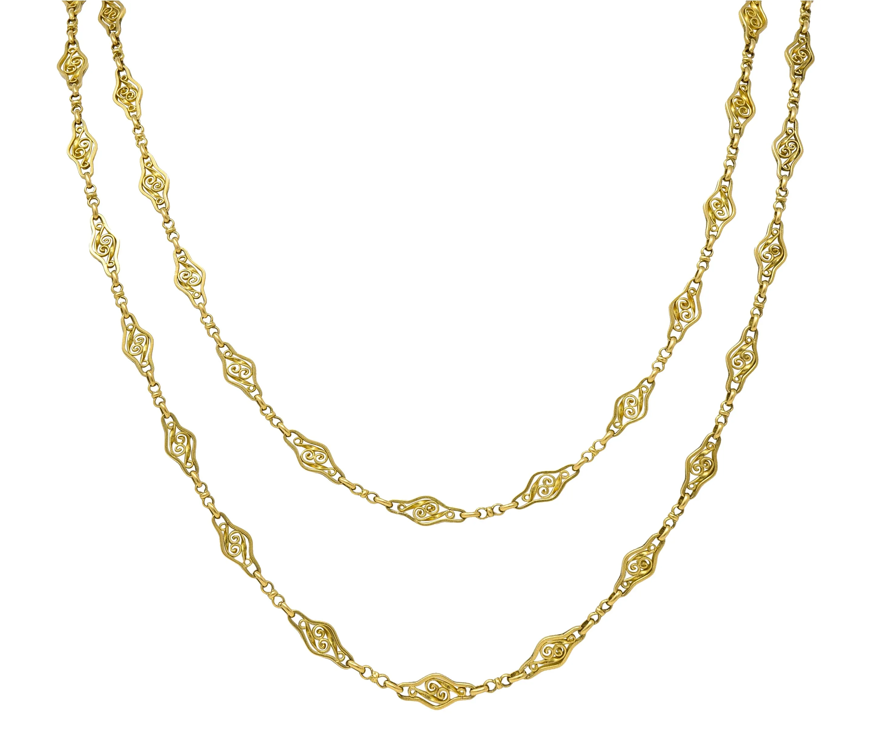 French 18 Karat Yellow Gold Victorian Scrolling Navette Link 60 IN Long Antique Chain Necklace