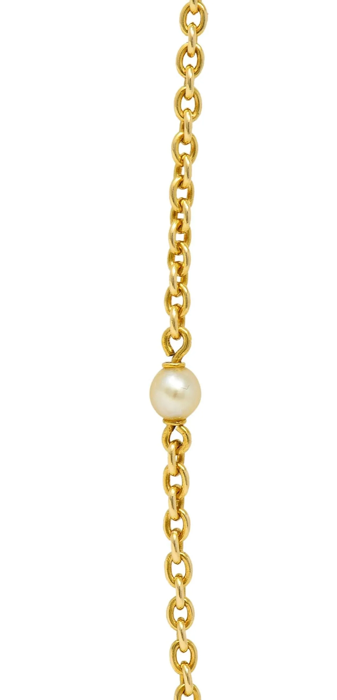 French Victorian Pearl 18 Karat Yellow Gold 34 3/4 IN Long Cable Link Antique Station Necklace