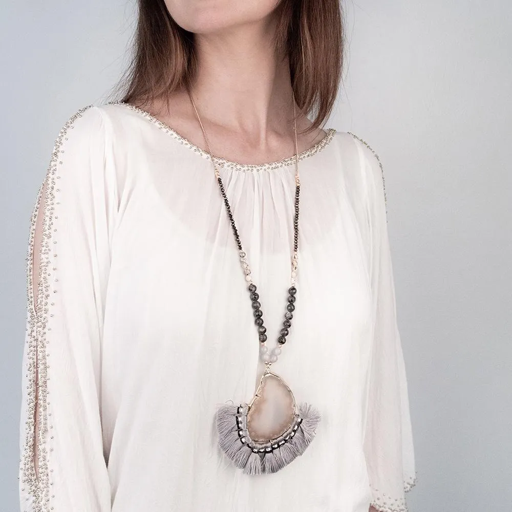 Gem Stone Slice with Tassel Pendant Necklace Grey