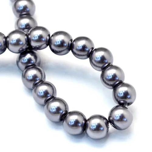 Glass Pearl Beads, Strand, Dark Grey, Round, 8mm