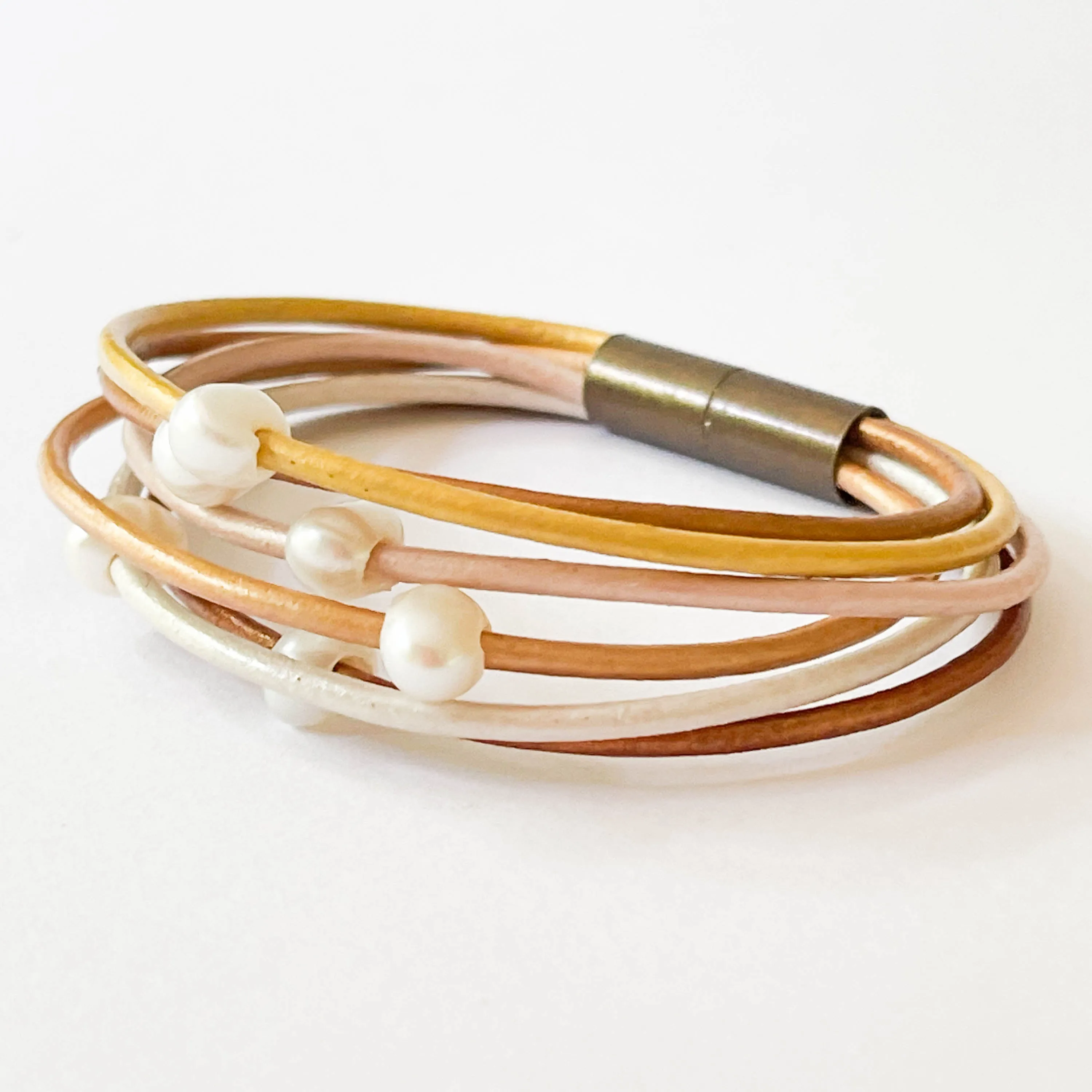 Gold And Six Pearl Shimmer Leather Bracelet