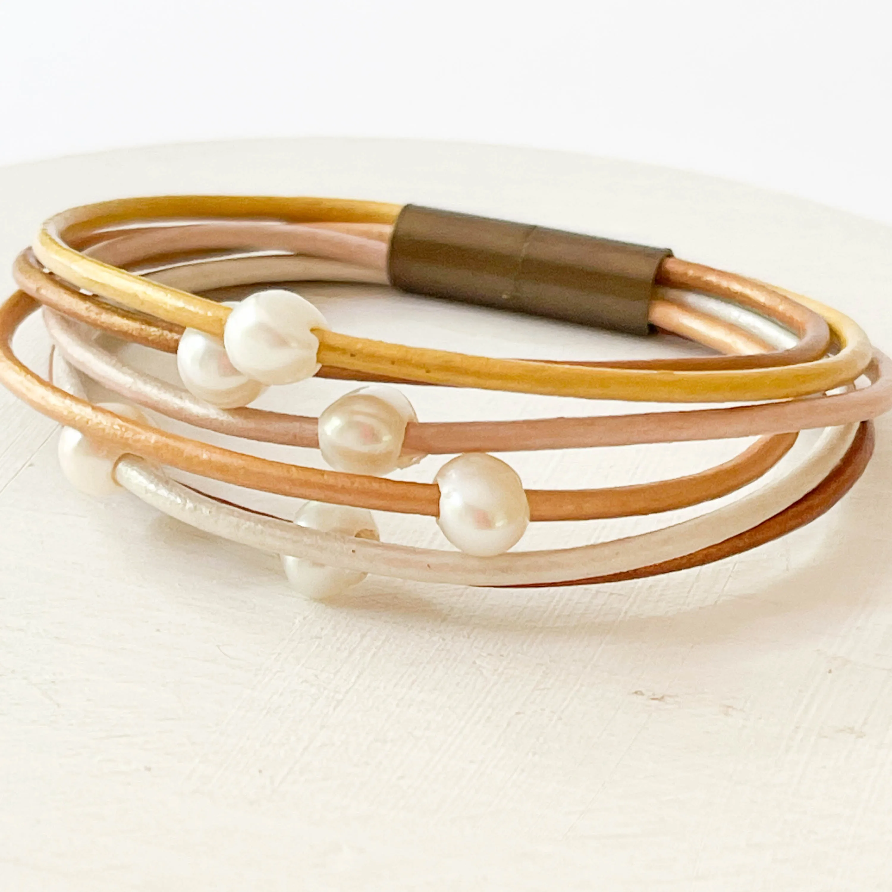 Gold And Six Pearl Shimmer Leather Bracelet