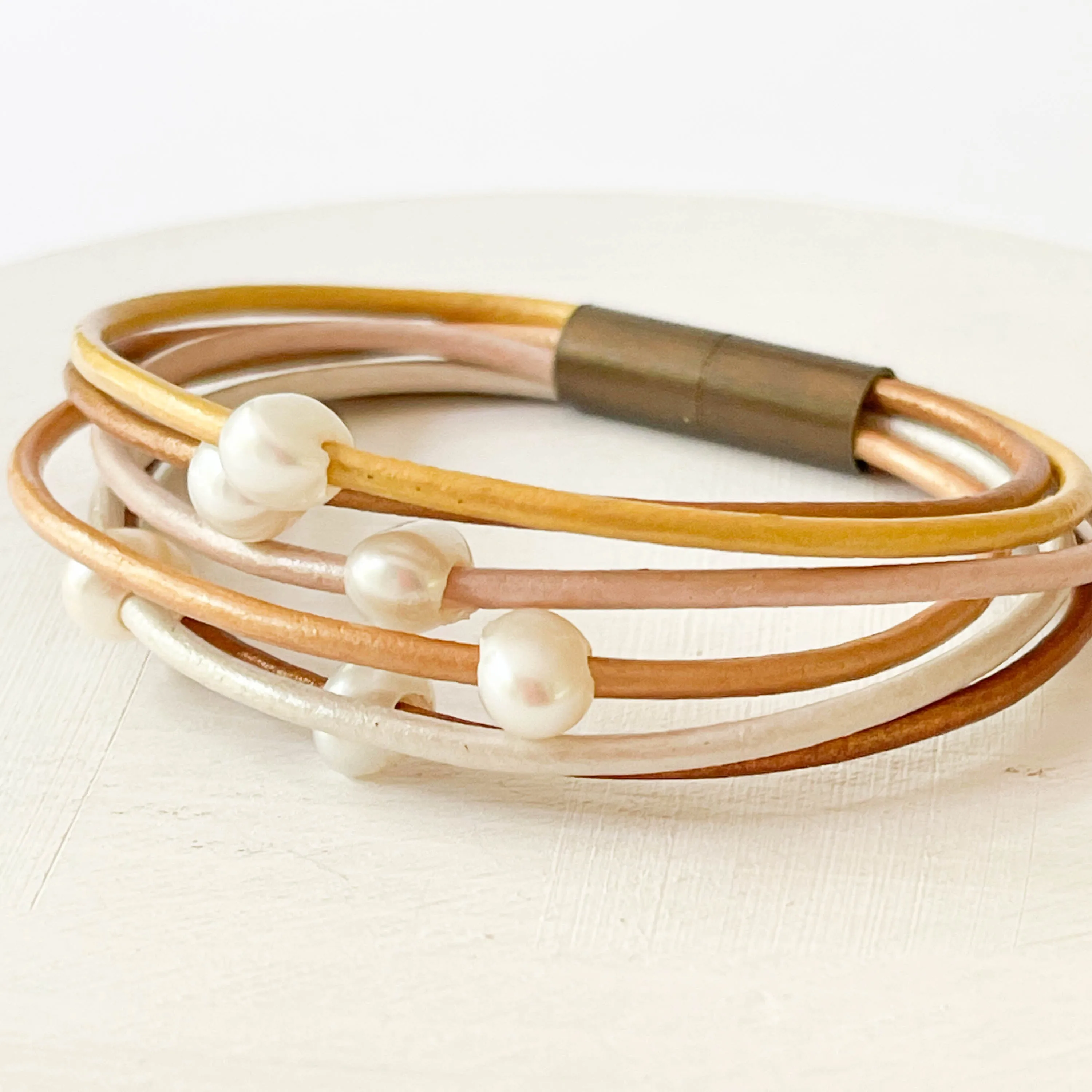 Gold And Six Pearl Shimmer Leather Bracelet