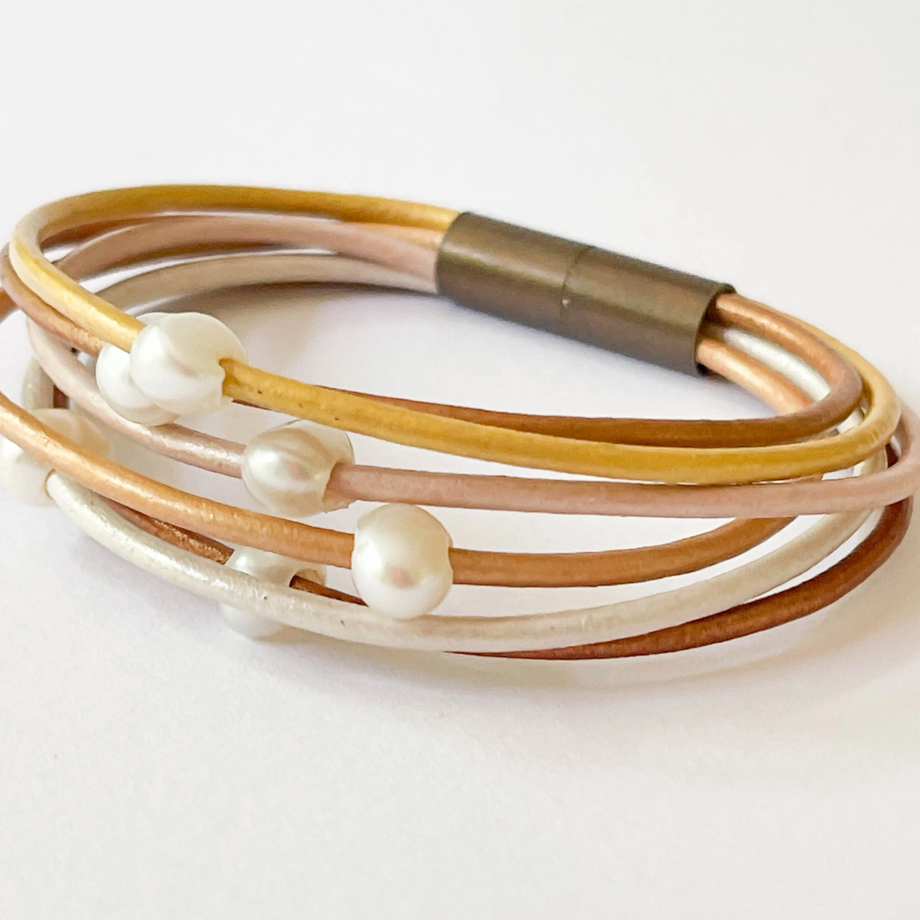 Gold And Six Pearl Shimmer Leather Bracelet