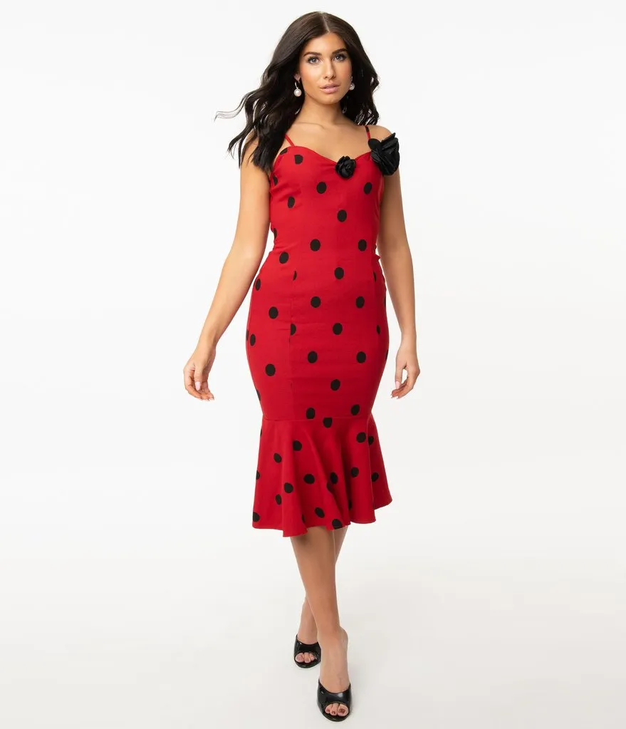 Grease x Unique Vintage Red & Black Polka Dot Rizzo Wiggle Dress (4XL ONLY)