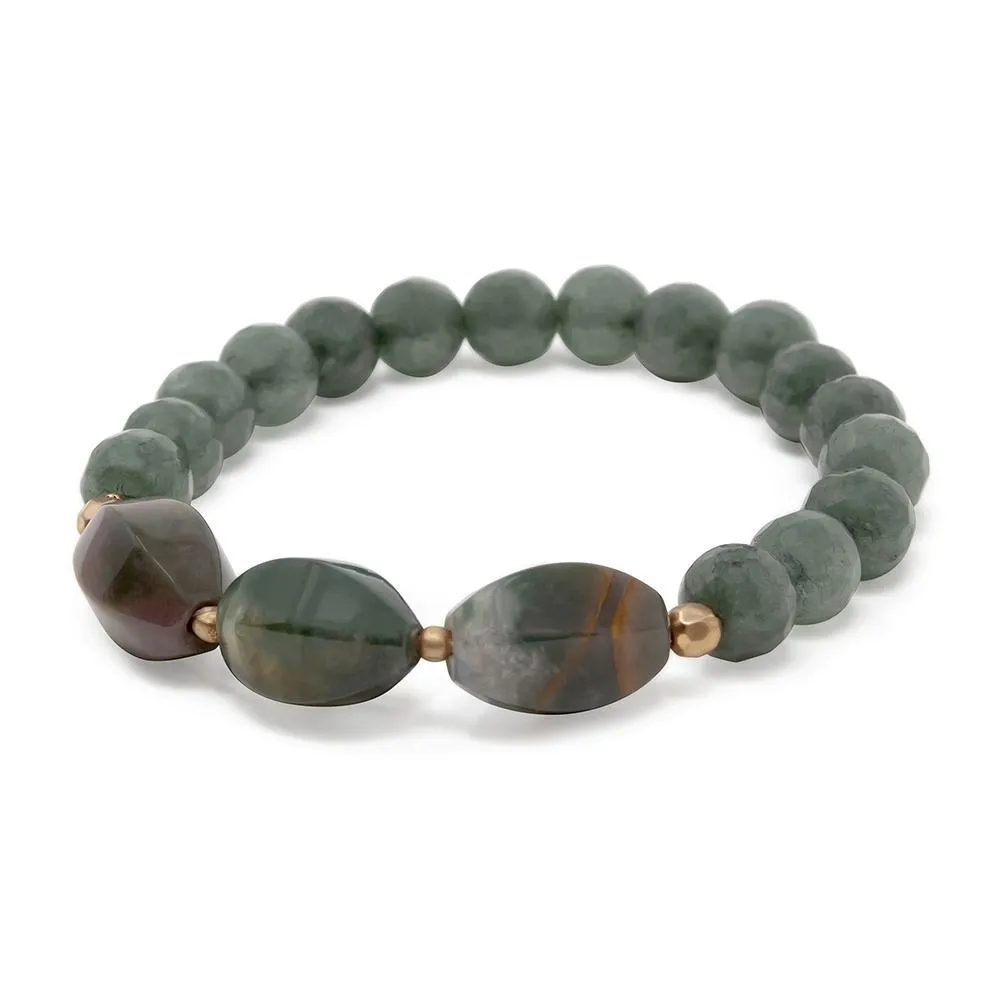 Green Stone Beaded Stretch Bracelet with Three Oval Stone