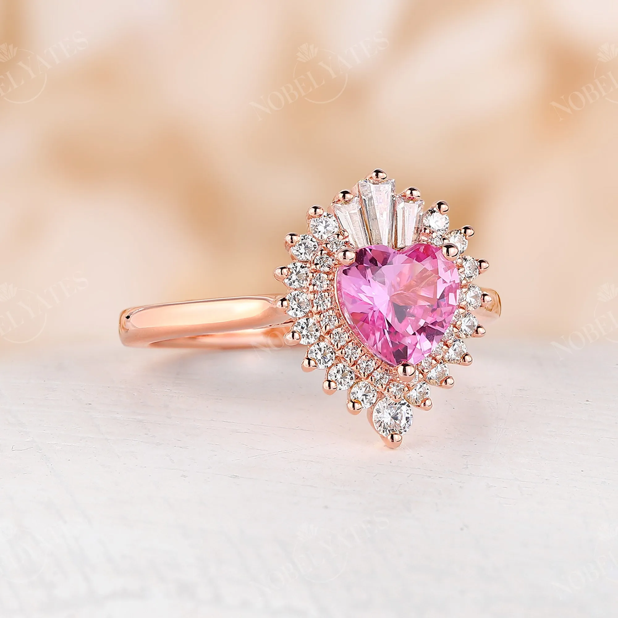 Heart Shape Pink Sapphire Art Deco Engagement Ring Rose Gold