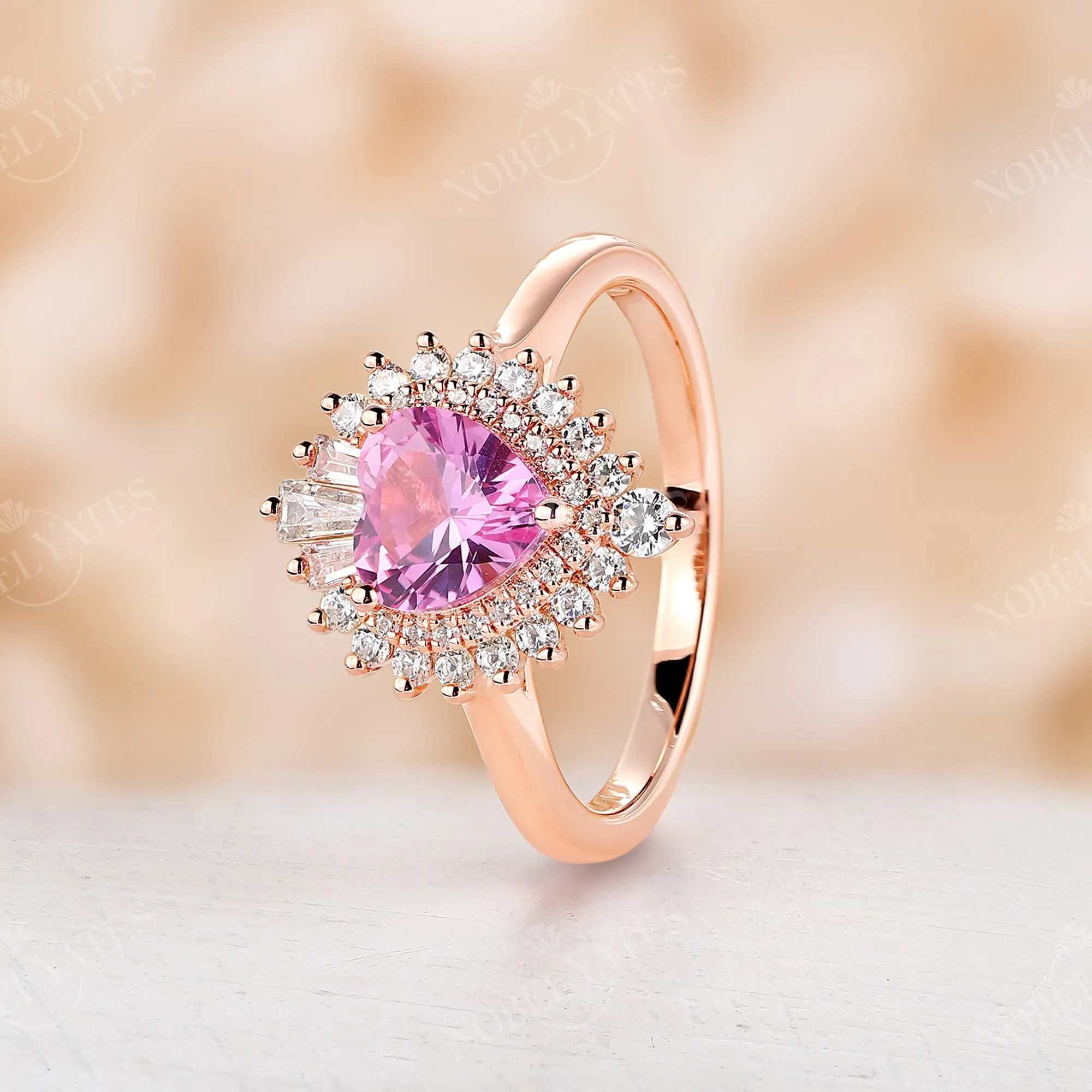 Heart Shape Pink Sapphire Art Deco Engagement Ring Rose Gold