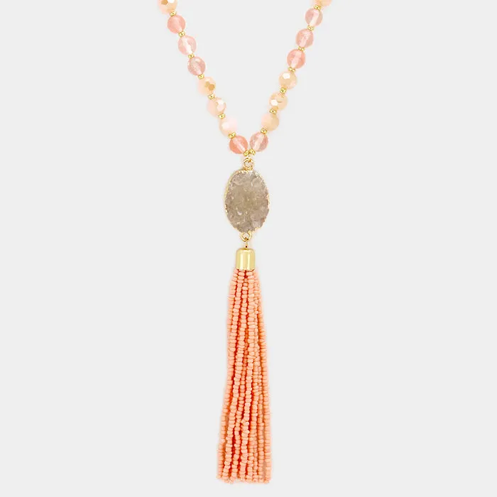 iLLASPARKZ Druzy Quartz Pendant Long Necklace with Bead Tassel Decor