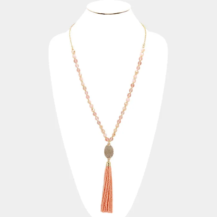 iLLASPARKZ Druzy Quartz Pendant Long Necklace with Bead Tassel Decor