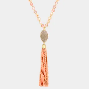 iLLASPARKZ Druzy Quartz Pendant Long Necklace with Bead Tassel Decor