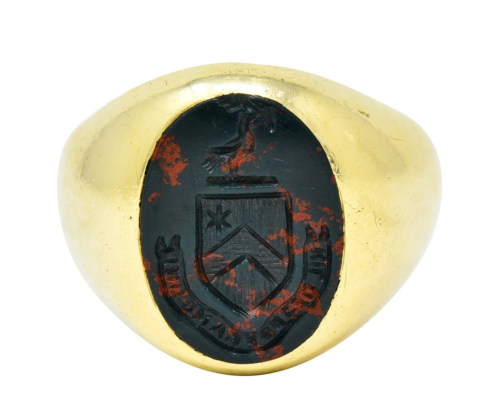 J.E. Caldwell Bloodstone Intaglio 14 Karat Gold Heraldry Unisex Signet Ring