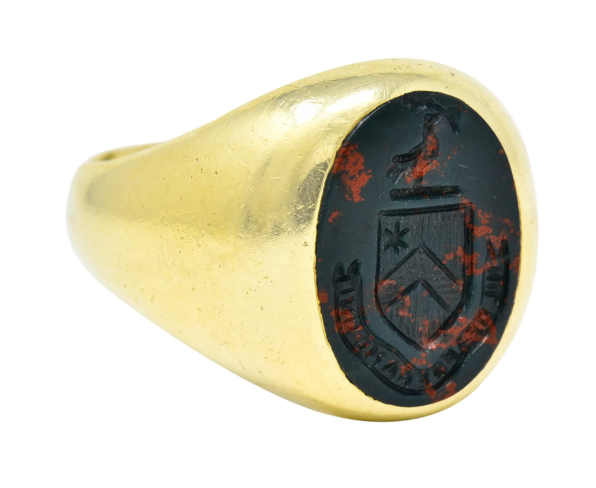 J.E. Caldwell Bloodstone Intaglio 14 Karat Gold Heraldry Unisex Signet Ring