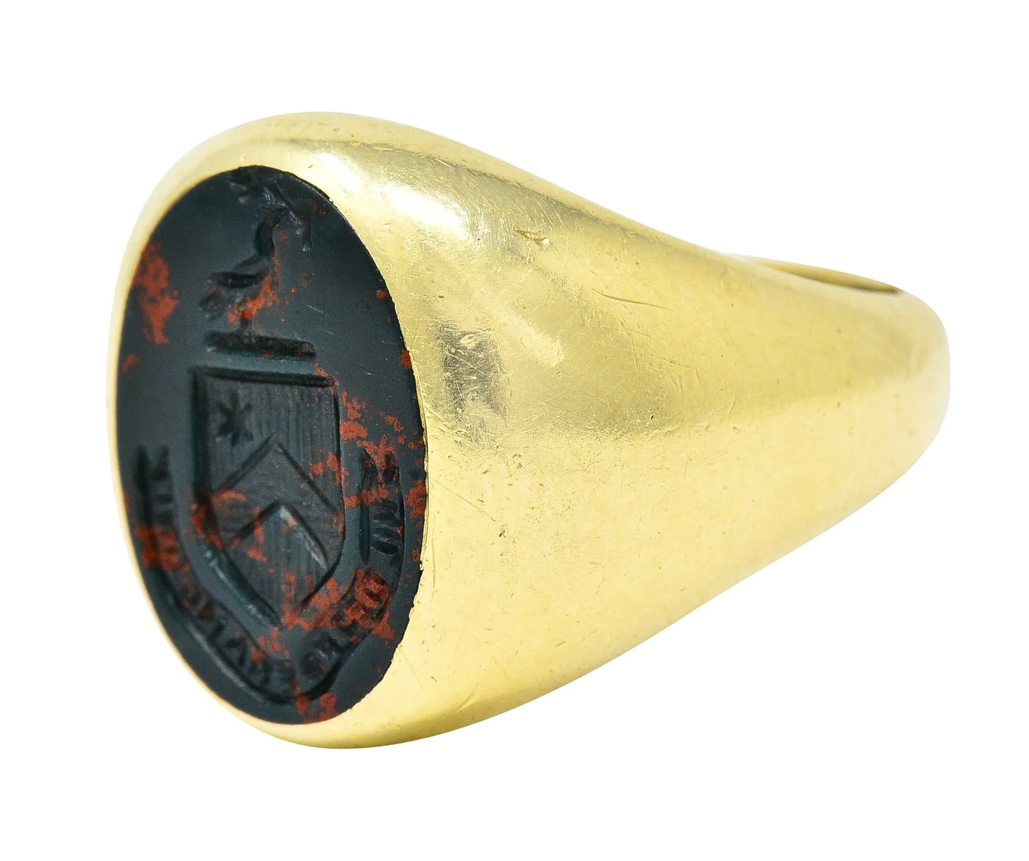 J.E. Caldwell Bloodstone Intaglio 14 Karat Gold Heraldry Unisex Signet Ring