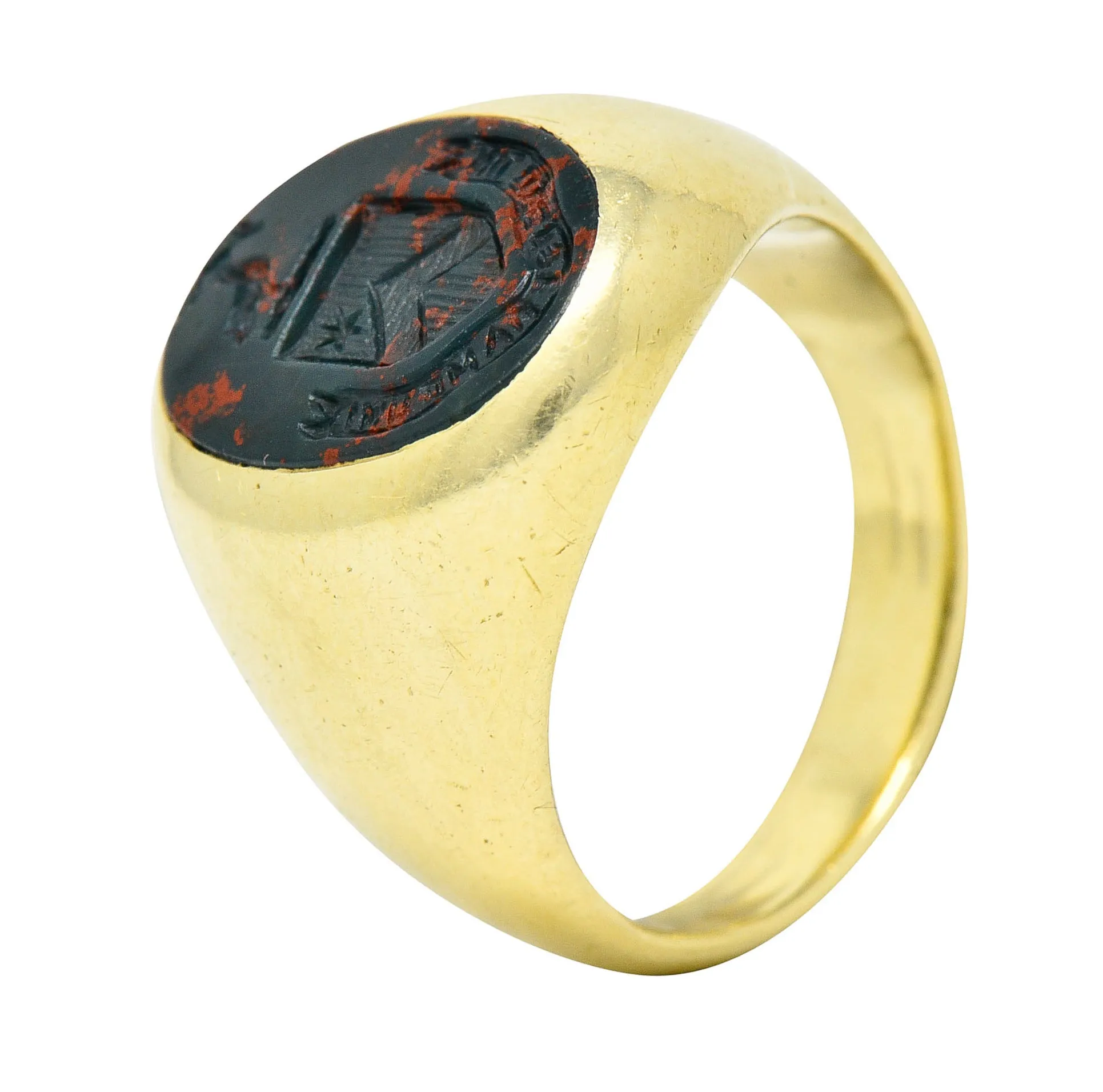 J.E. Caldwell Bloodstone Intaglio 14 Karat Gold Heraldry Unisex Signet Ring