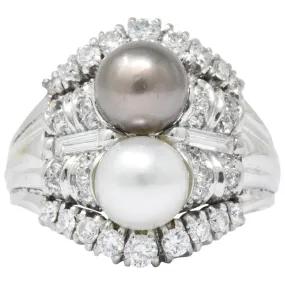 Koch 1950's 1.10 CTW Diamond Cultured Pearl 18 Karat White Gold Ring