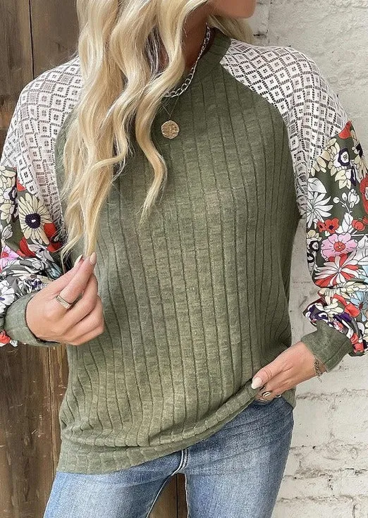 Laurel Green Patchwork Floral Sleeve Top