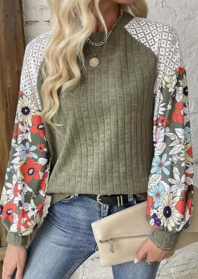 Laurel Green Patchwork Floral Sleeve Top