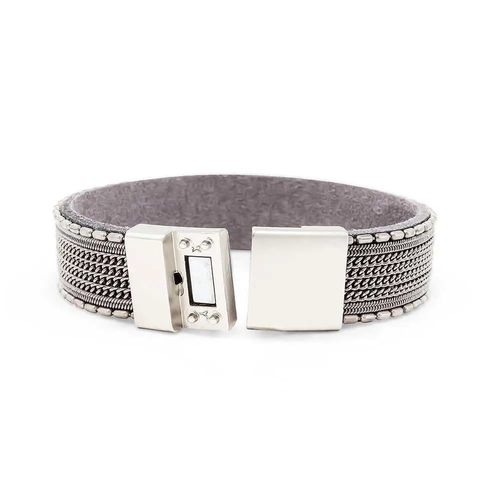 Leather Bracelet with Bar Chain Grey