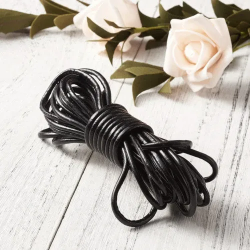 Leather Cord, Cowhide Leather Cord, Black, Round, 3mm