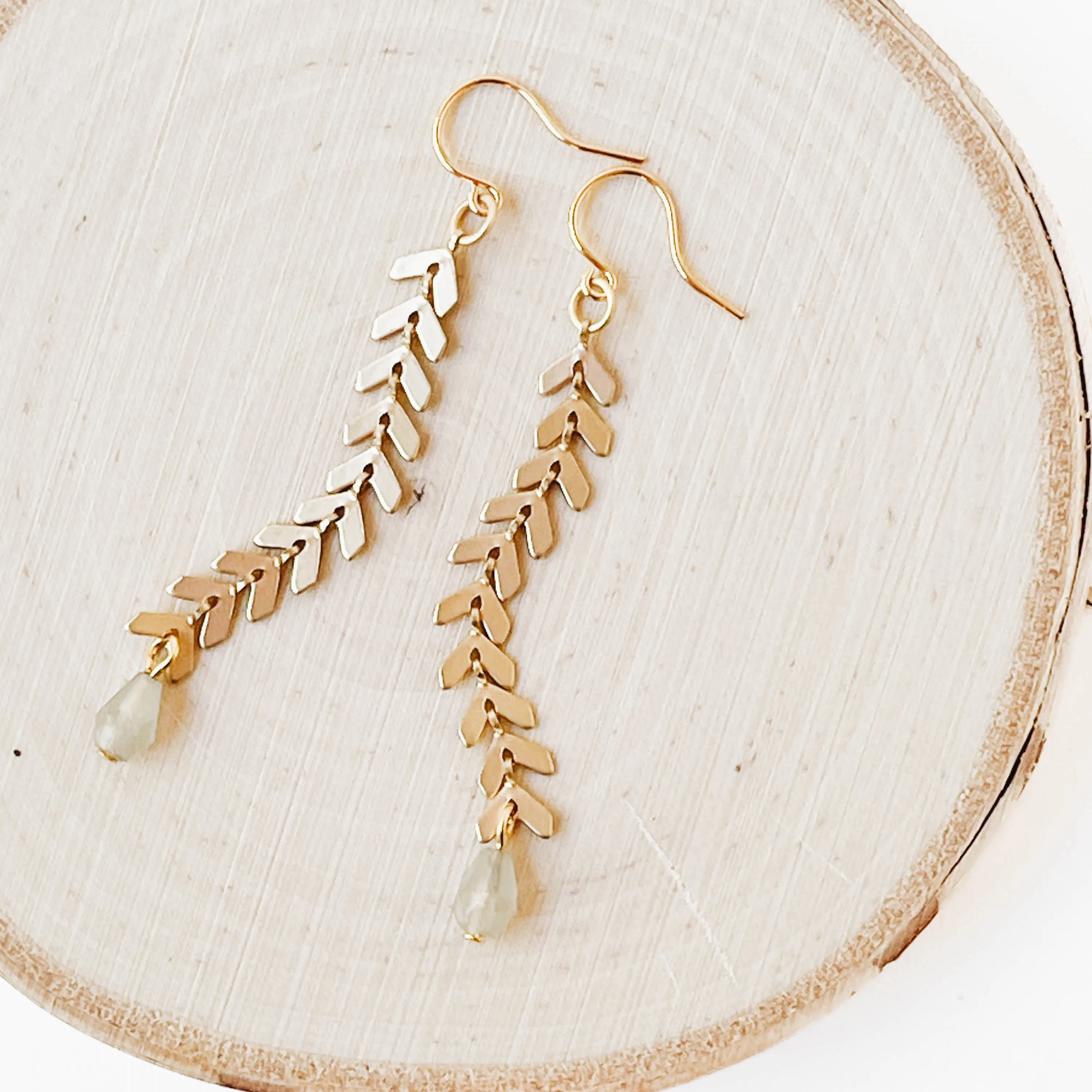 Long Gold Chevron and Pale Grey Bead Earrings - WS