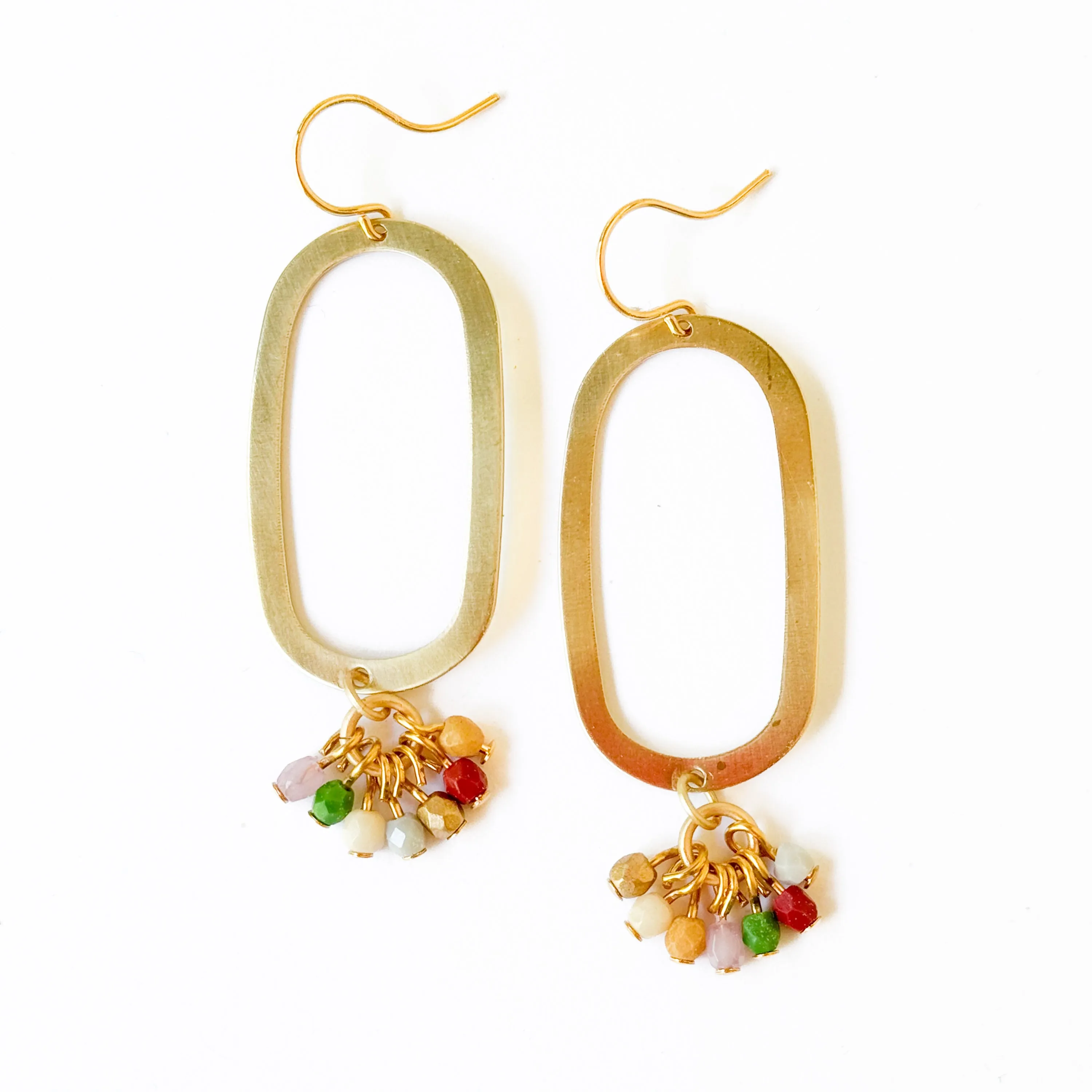 Long Light Oval Brass Earrings With Tiny Beaded Clusters - WS