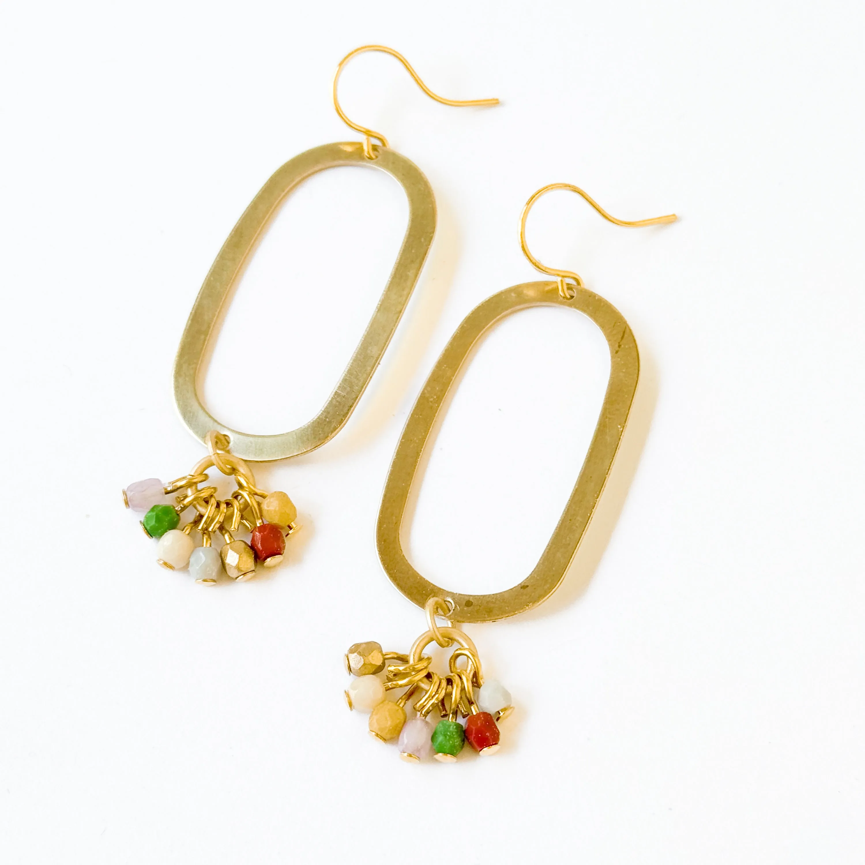 Long Light Oval Brass Earrings With Tiny Beaded Clusters - WS