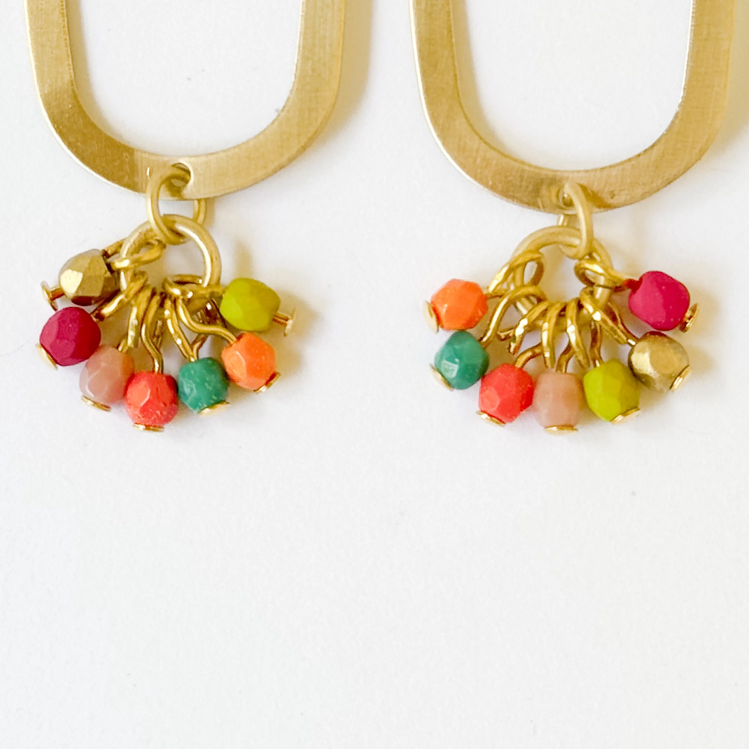 Long Oval Brass Earrings With Tiny Colorful Beaded Clusters