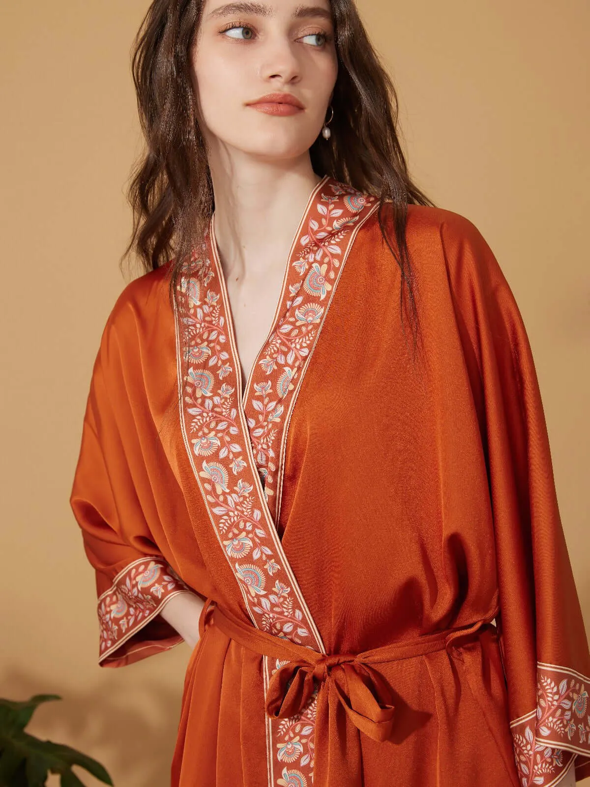 Luxuriously Orange Embellished Flower Short Robe