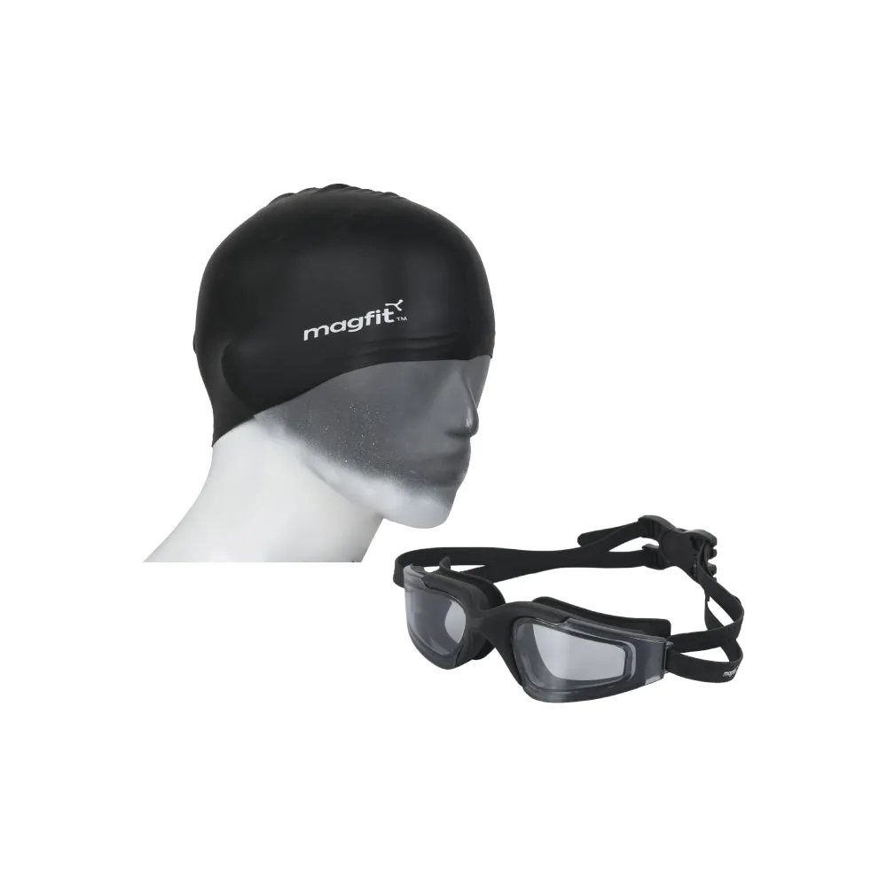 MagFit Unisex Max Swimming Goggle + Unisex Plain Silicone Swimming Cap