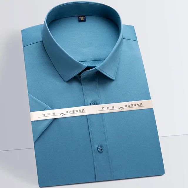 Men's Formal Blue Green Color Stretch Without Pocket Short Sleeve Shirt