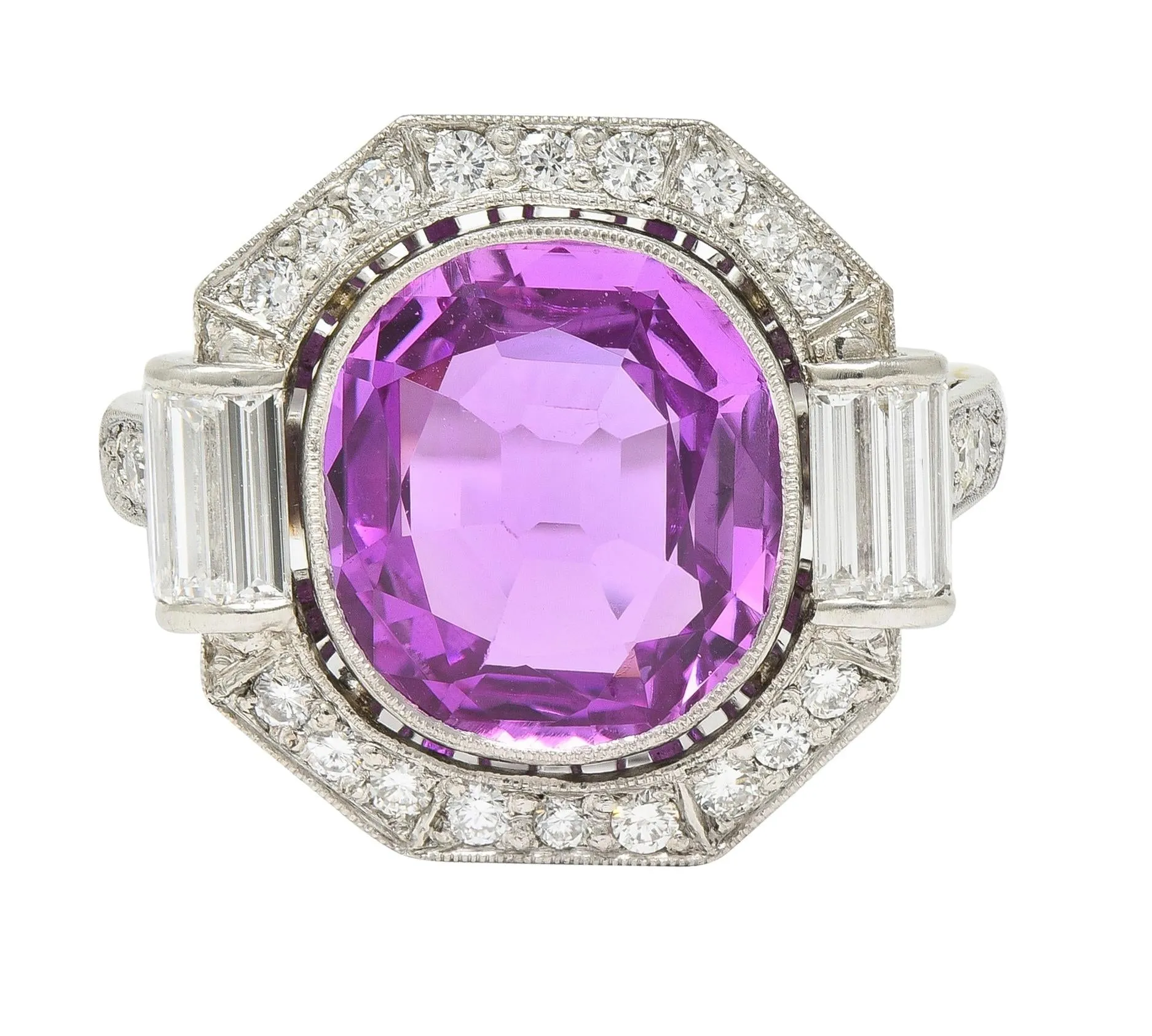 Mid-Century 6.64 CTW No Heat Ceylon Pink Sapphire Diamond Platinum Vintage Cluster Ring AGL