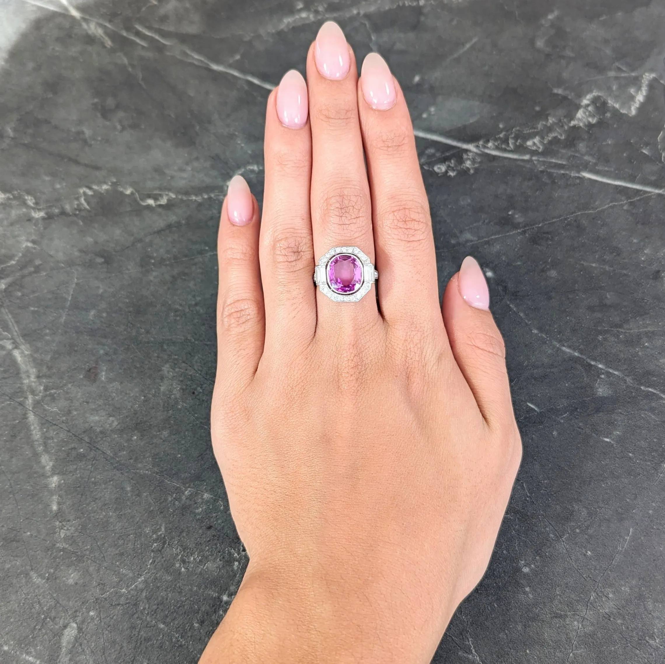 Mid-Century 6.64 CTW No Heat Ceylon Pink Sapphire Diamond Platinum Vintage Cluster Ring AGL