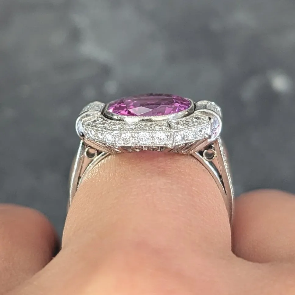 Mid-Century 6.64 CTW No Heat Ceylon Pink Sapphire Diamond Platinum Vintage Cluster Ring AGL