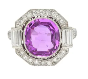 Mid-Century 6.64 CTW No Heat Ceylon Pink Sapphire Diamond Platinum Vintage Cluster Ring AGL