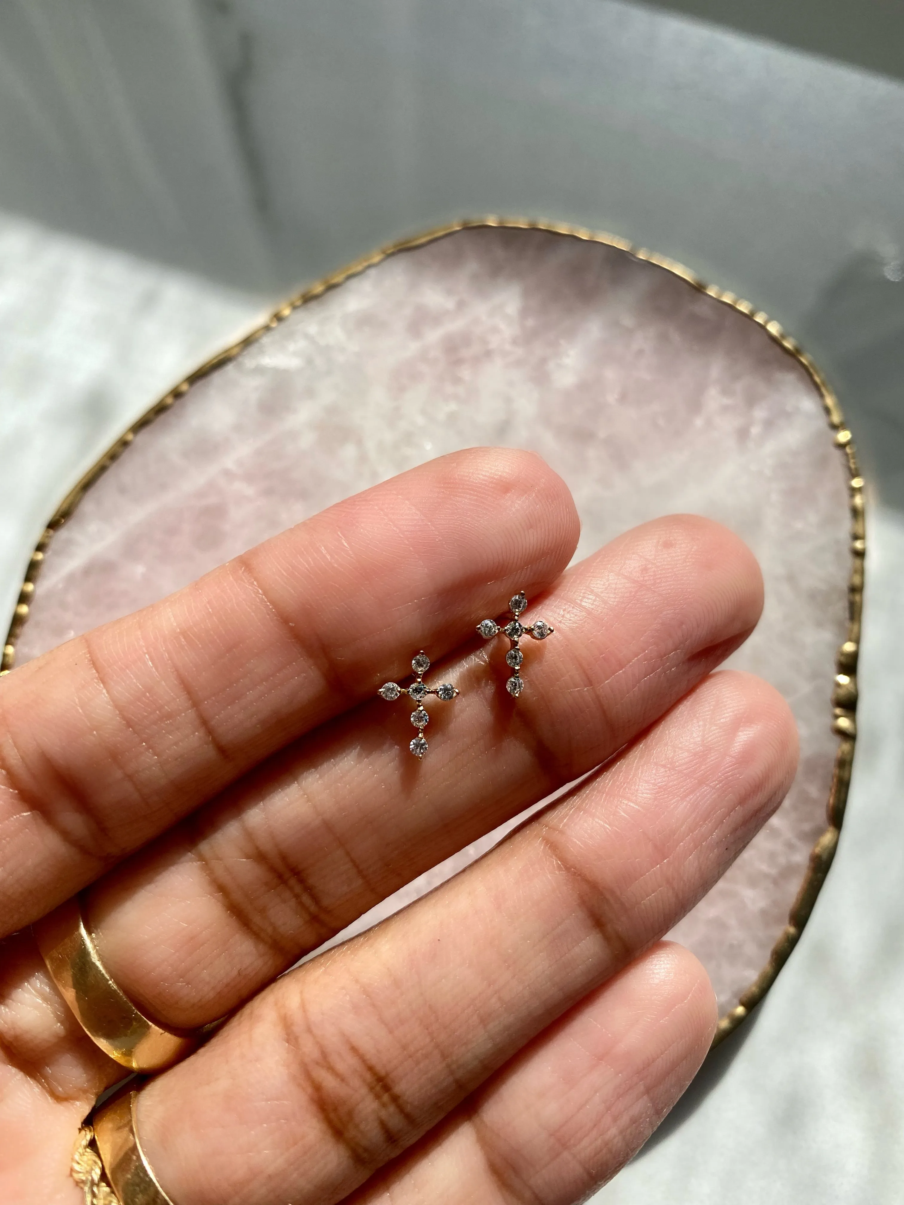 Mini 14k Yellow Gold CZ Cross Studs