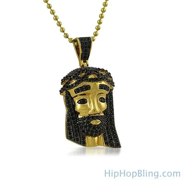 Mini Gold Jesus Pendant Black CZ Diamond Hair