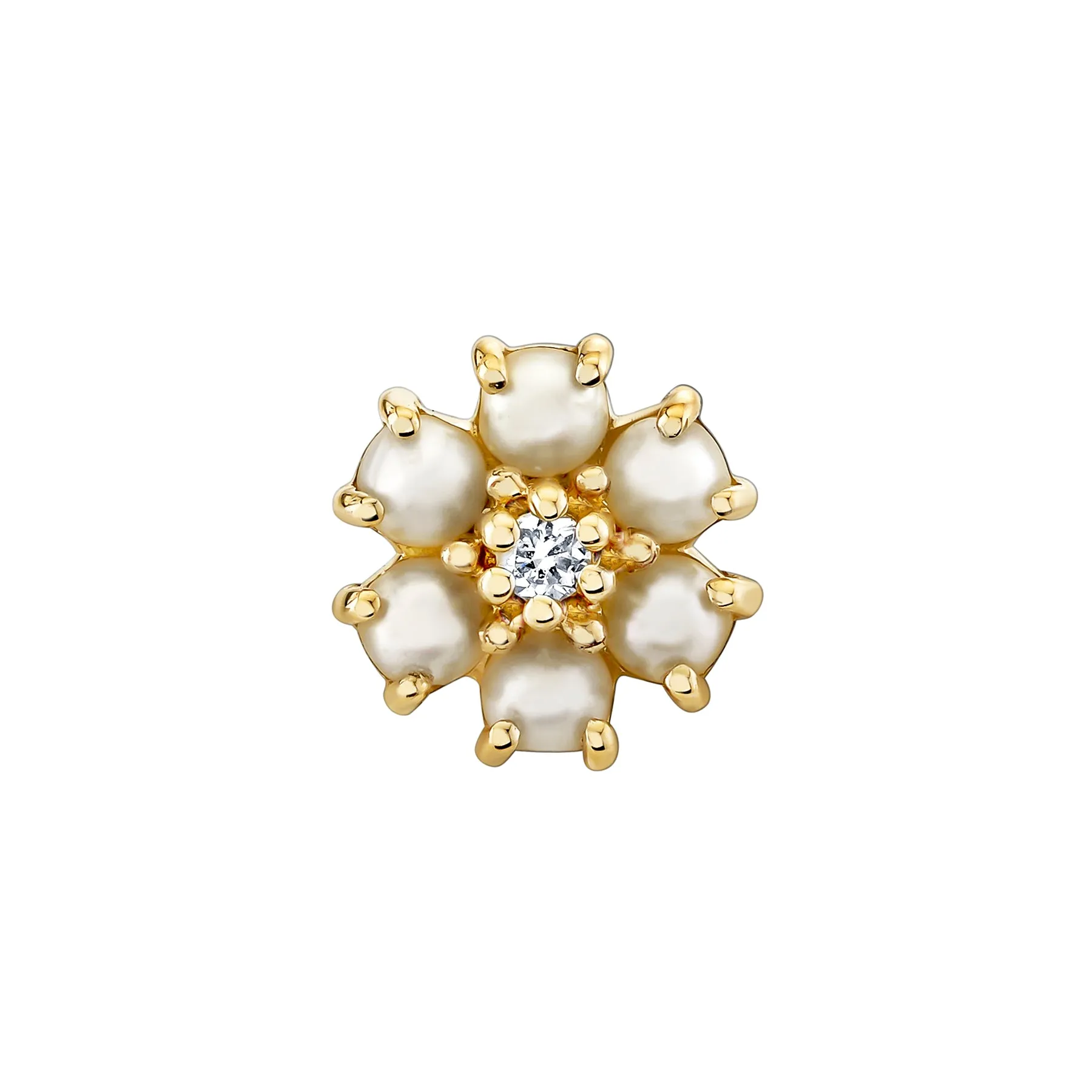 Mini Teddy Flower Stud - White Diamond and Pearl / 14k Yellow Gold