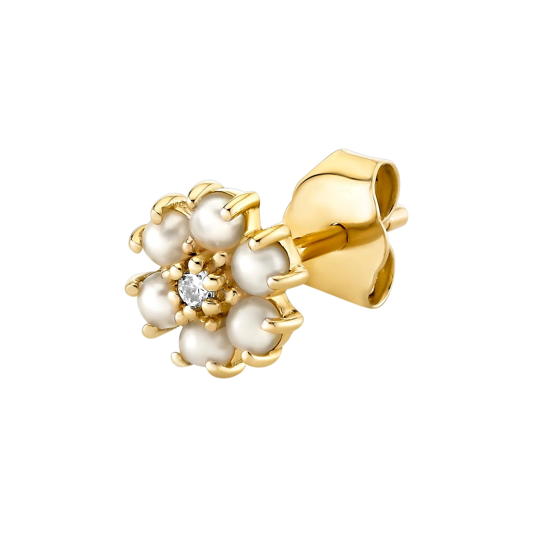 Mini Teddy Flower Stud - White Diamond and Pearl / 14k Yellow Gold