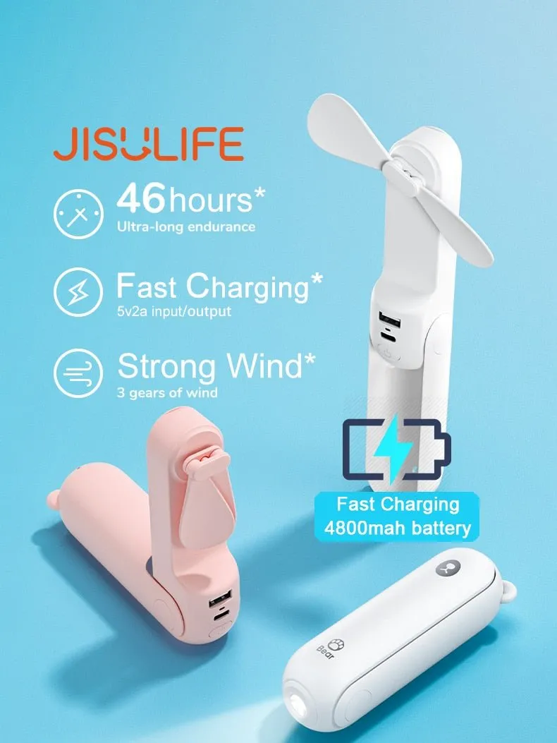 Mini-ventilateur sans-fil pliable avec chargeur USB et lampe de poche JISULIFE – Bear F8 series