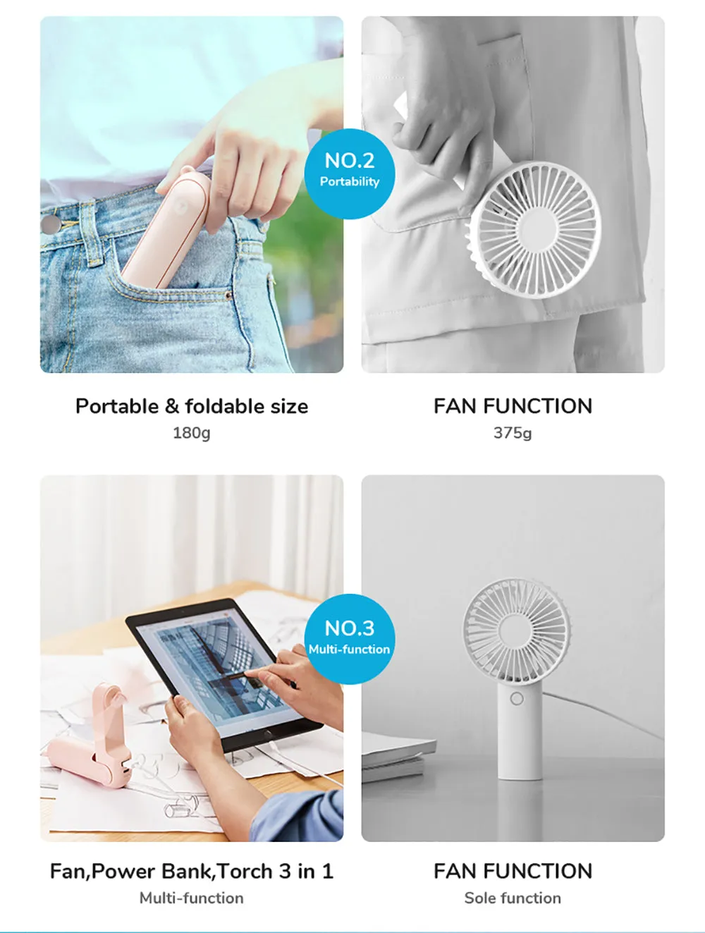 Mini-ventilateur sans-fil pliable avec chargeur USB et lampe de poche JISULIFE – Bear F8 series