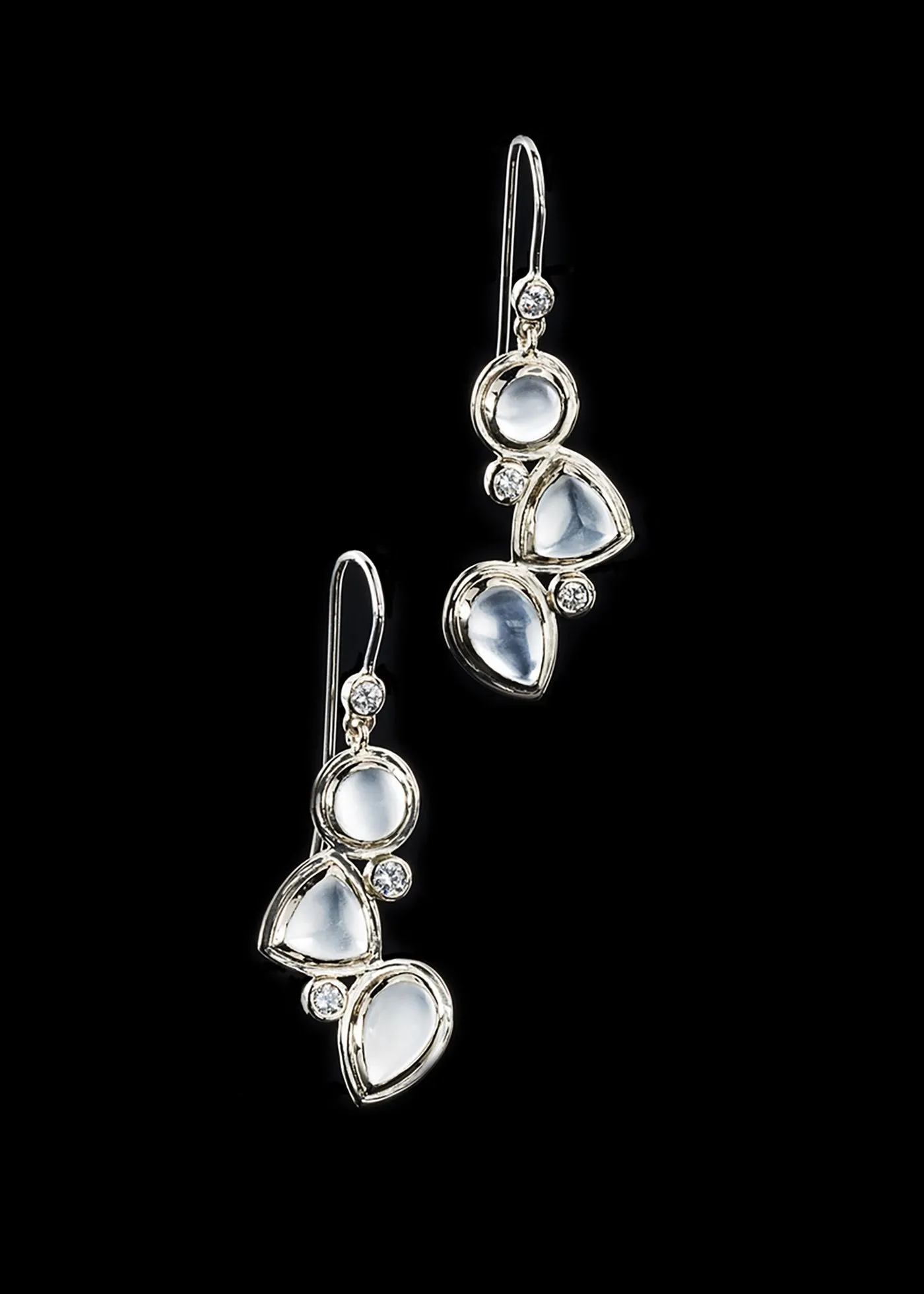 Moonstone & Diamond Earrings, 18K White Gold, Mosaic 3 Stone