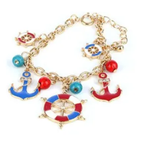 Nautical Red Blue and White Anchor and Ships Wheel Bracelet