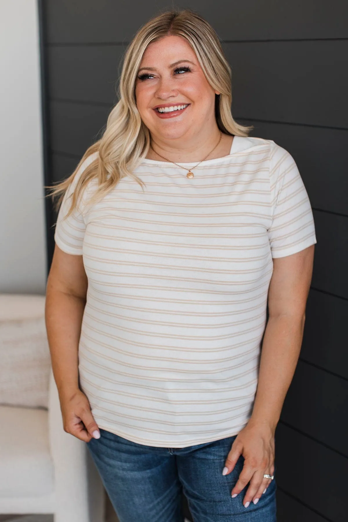 On A Pedestal Striped Short Sleeve Top- Cream