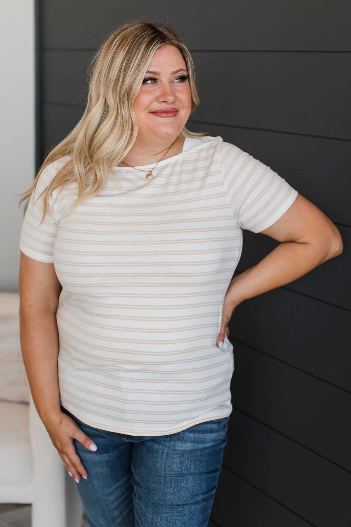 On A Pedestal Striped Short Sleeve Top- Cream