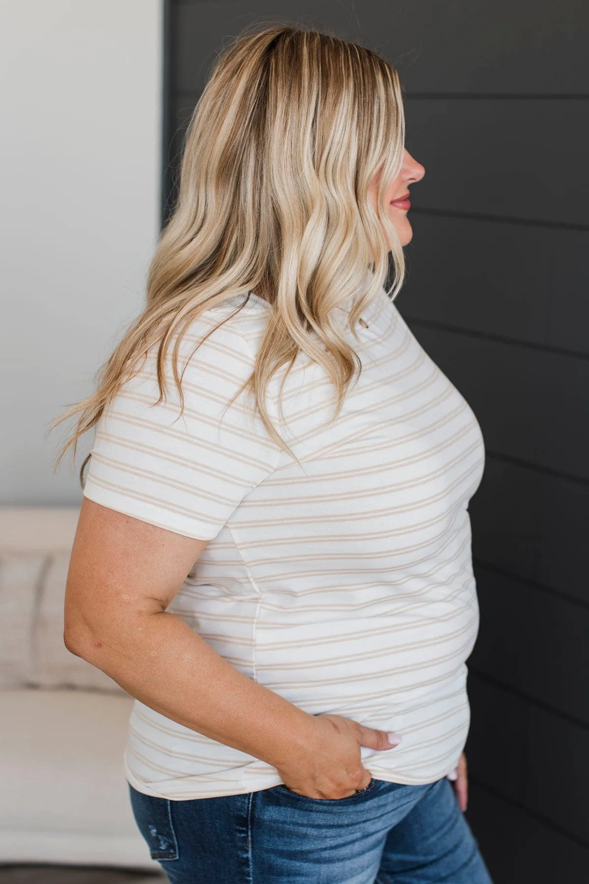 On A Pedestal Striped Short Sleeve Top- Cream